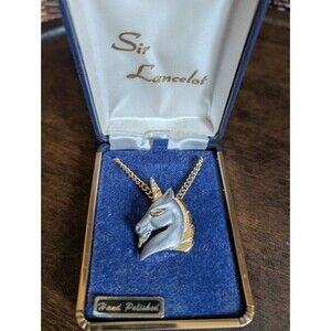 NIB Vintage 1970'S Sir Lancelot Silver Gold Tone Unicorn Necklace Medieval Horse